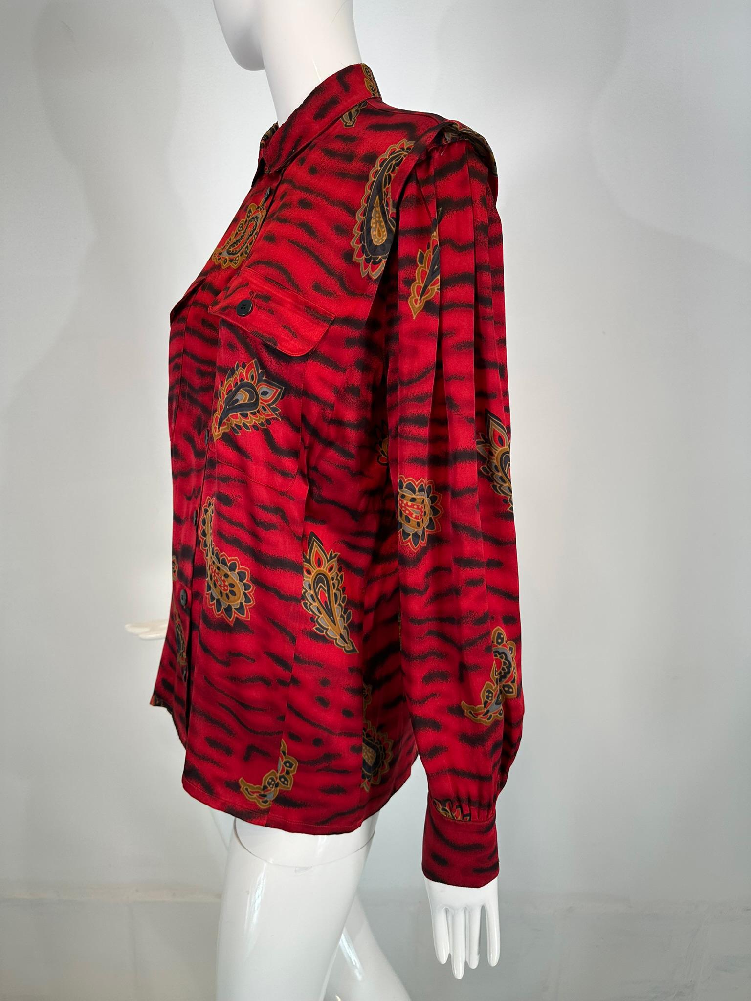 Escada Red & Black Animal Stripe Boteh Silk Print Blouse Full Gathered Shoulder For Sale 7