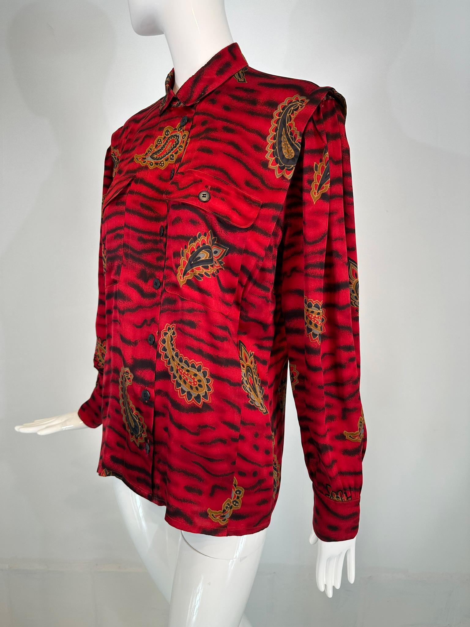 Escada Red & Black Animal Stripe Boteh Silk Print Blouse Full Gathered Shoulder For Sale 8