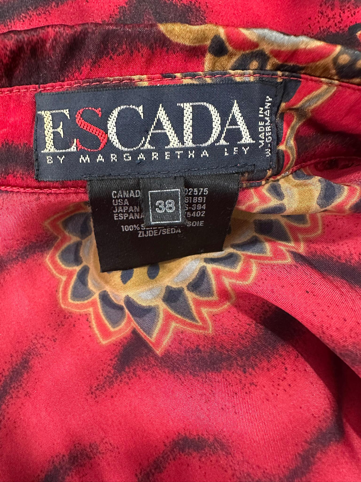Escada Red & Black Animal Stripe Boteh Silk Print Blouse Full Gathered Shoulder For Sale 10