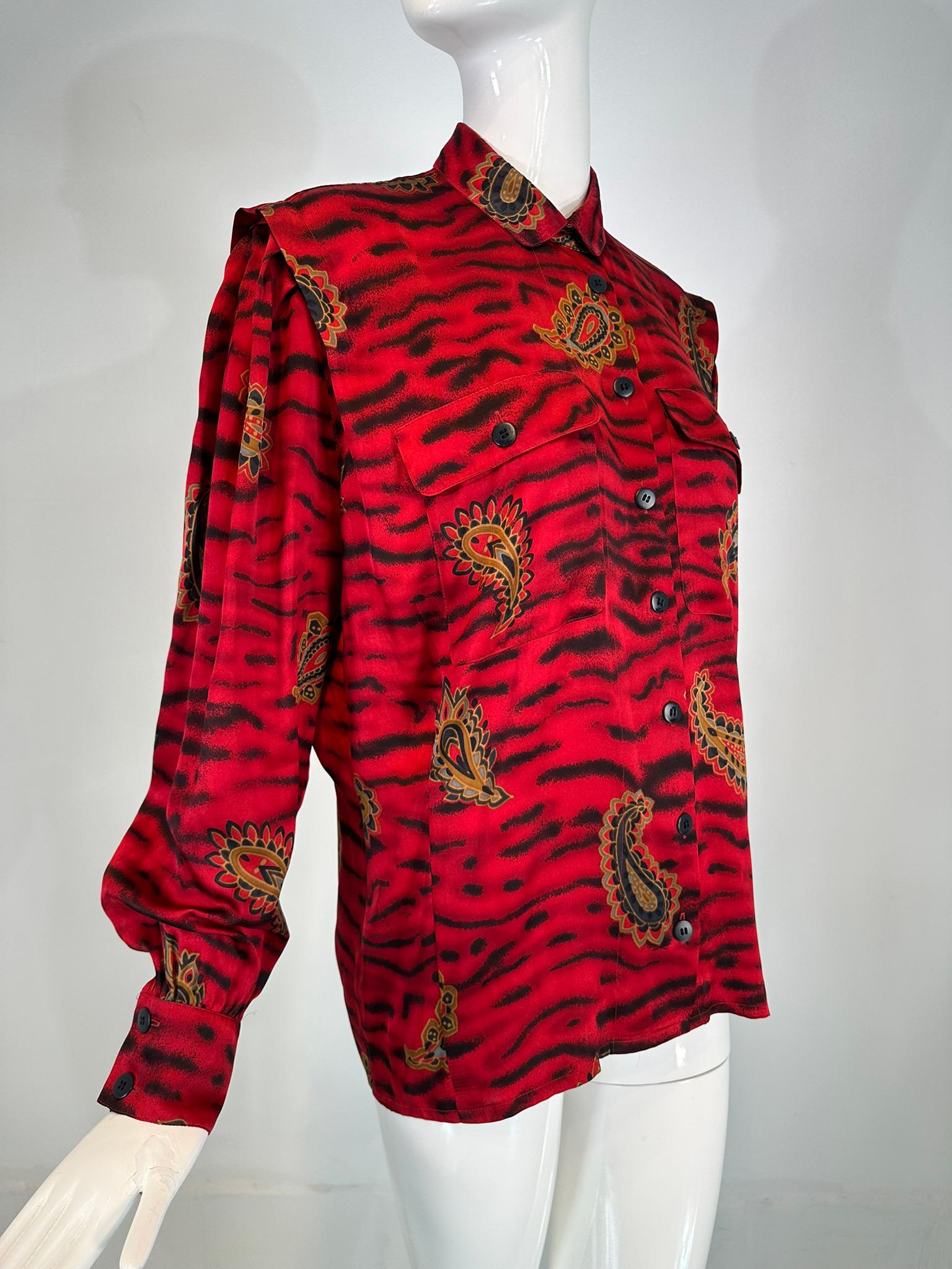 Escada Red & Black Animal Stripe Boteh Silk Print Blouse Full Gathered Shoulder In Good Condition For Sale In West Palm Beach, FL
