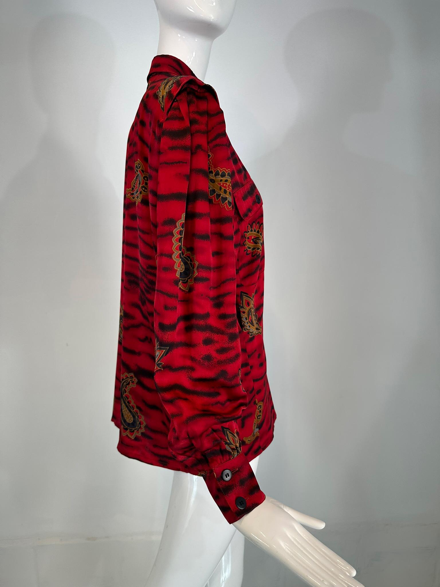 Escada Red & Black Animal Stripe Boteh Silk Print Blouse Full Gathered Shoulder For Sale 1