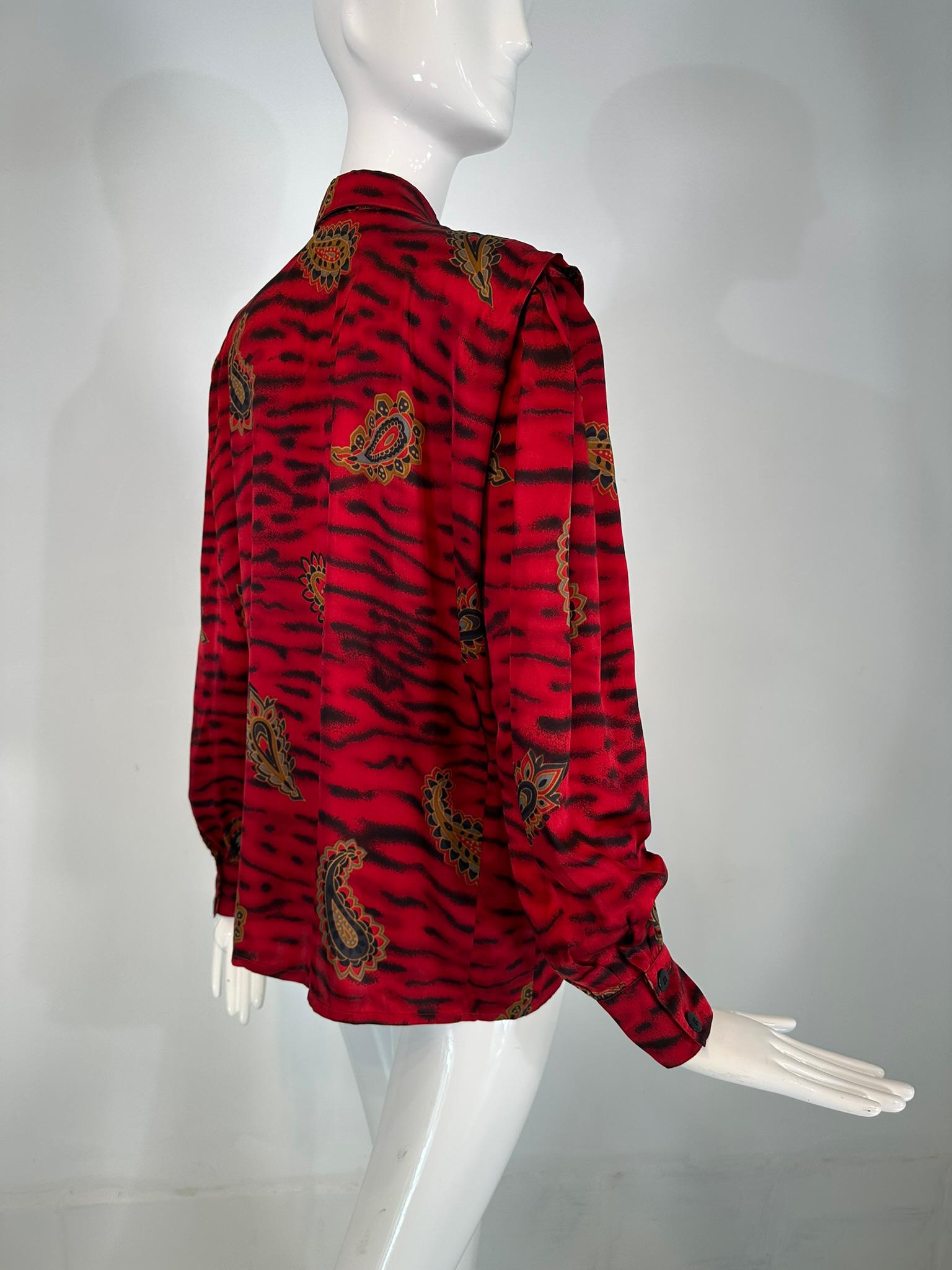 Escada Red & Black Animal Stripe Boteh Silk Print Blouse Full Gathered Shoulder For Sale 2