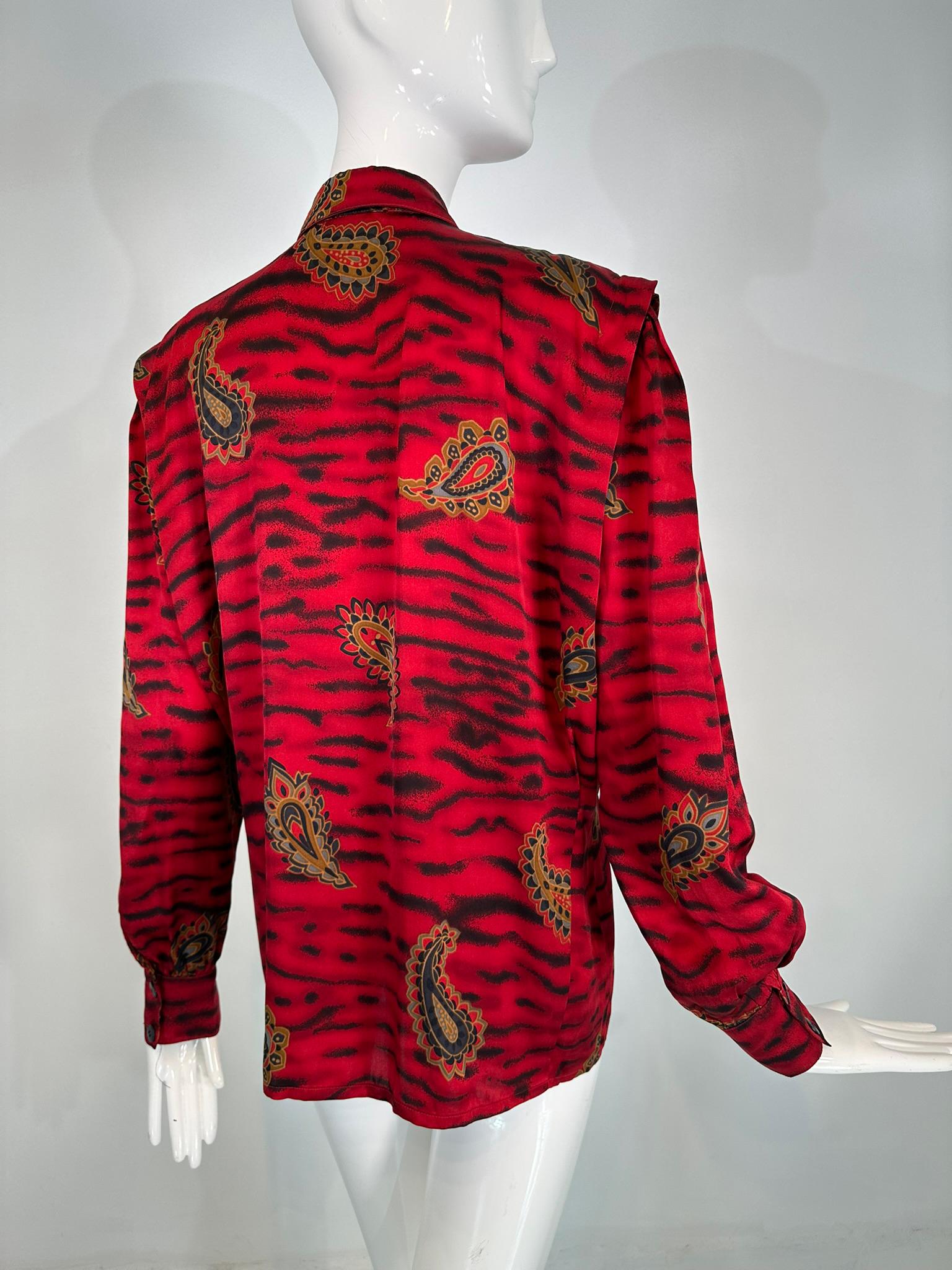 Escada Red & Black Animal Stripe Boteh Silk Print Blouse Full Gathered Shoulder For Sale 3