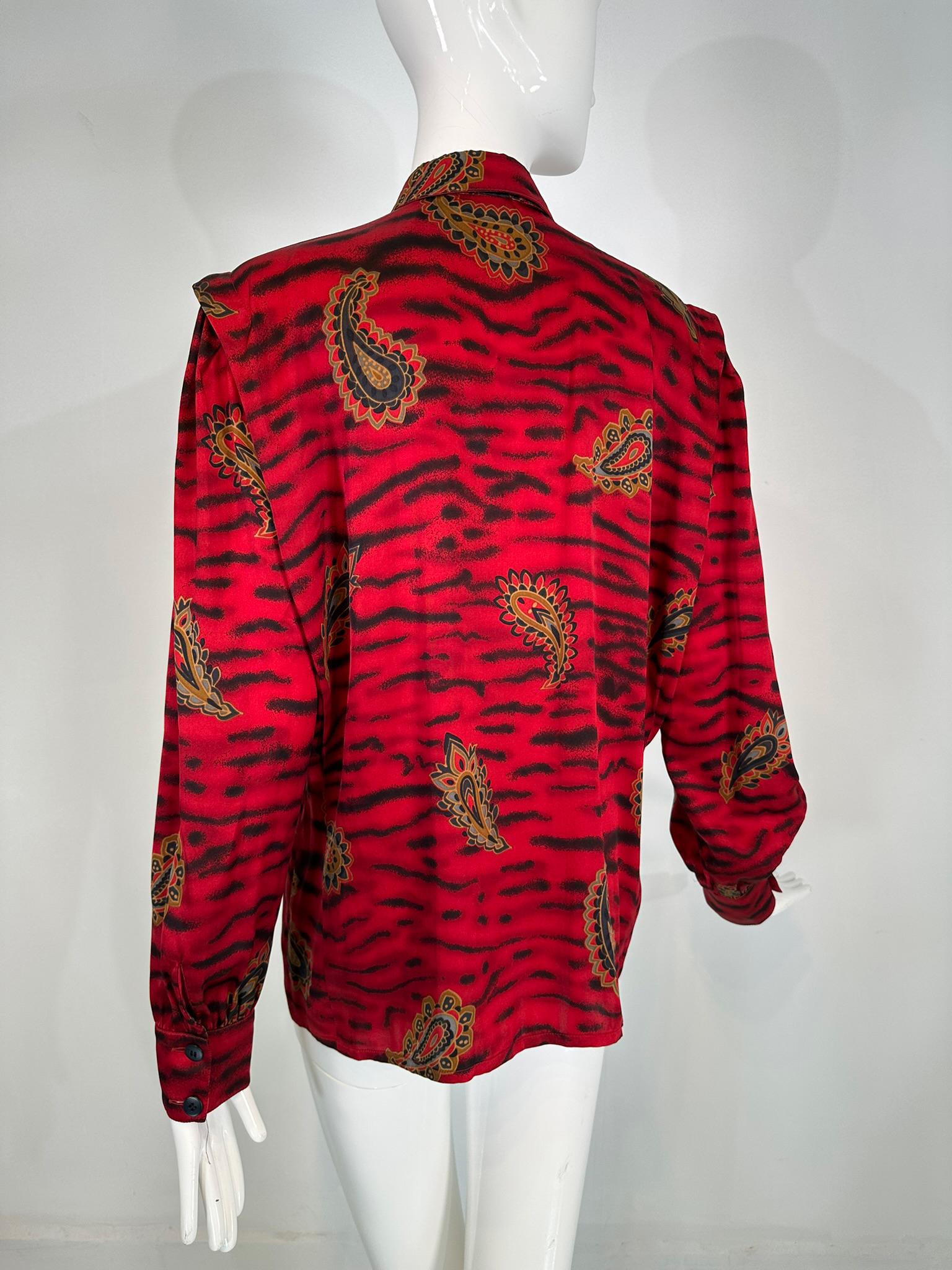 Escada Red & Black Animal Stripe Boteh Silk Print Blouse Full Gathered Shoulder For Sale 4