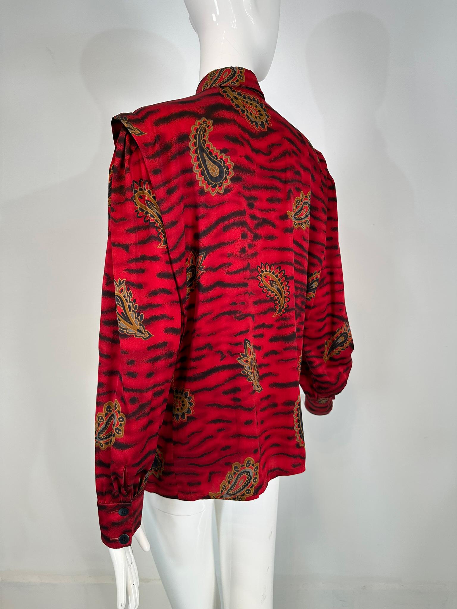 Escada Red & Black Animal Stripe Boteh Silk Print Blouse Full Gathered Shoulder For Sale 5