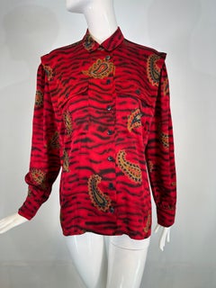 Escada Red & Black Animal Stripe Boteh Silk Print Blouse Full Gathered Shoulder