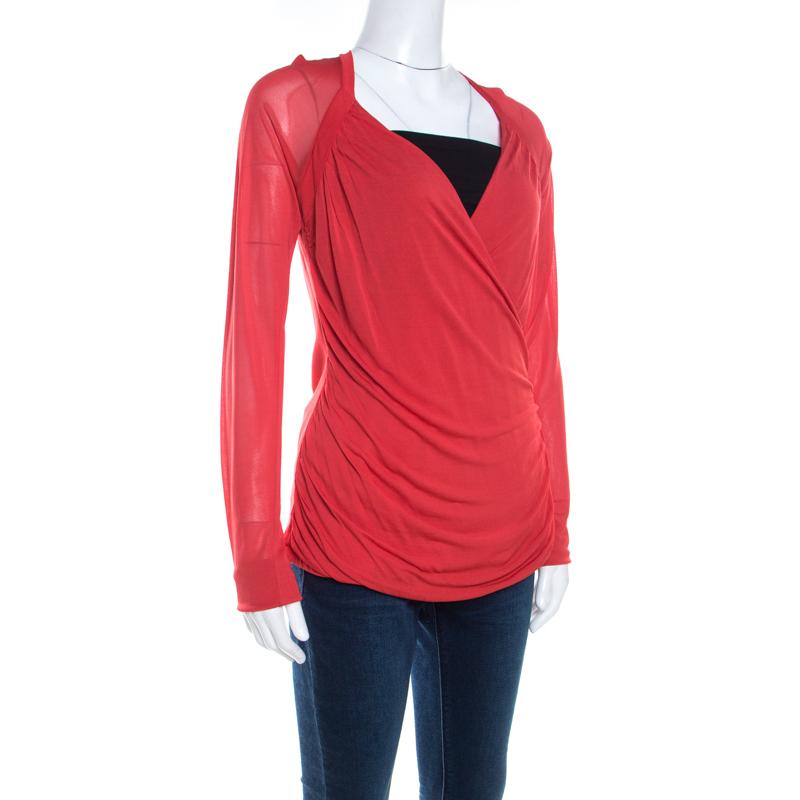 Escada Red Knit Ruched Crossover Front Long Sleeve Top L In New Condition In Dubai, Al Qouz 2