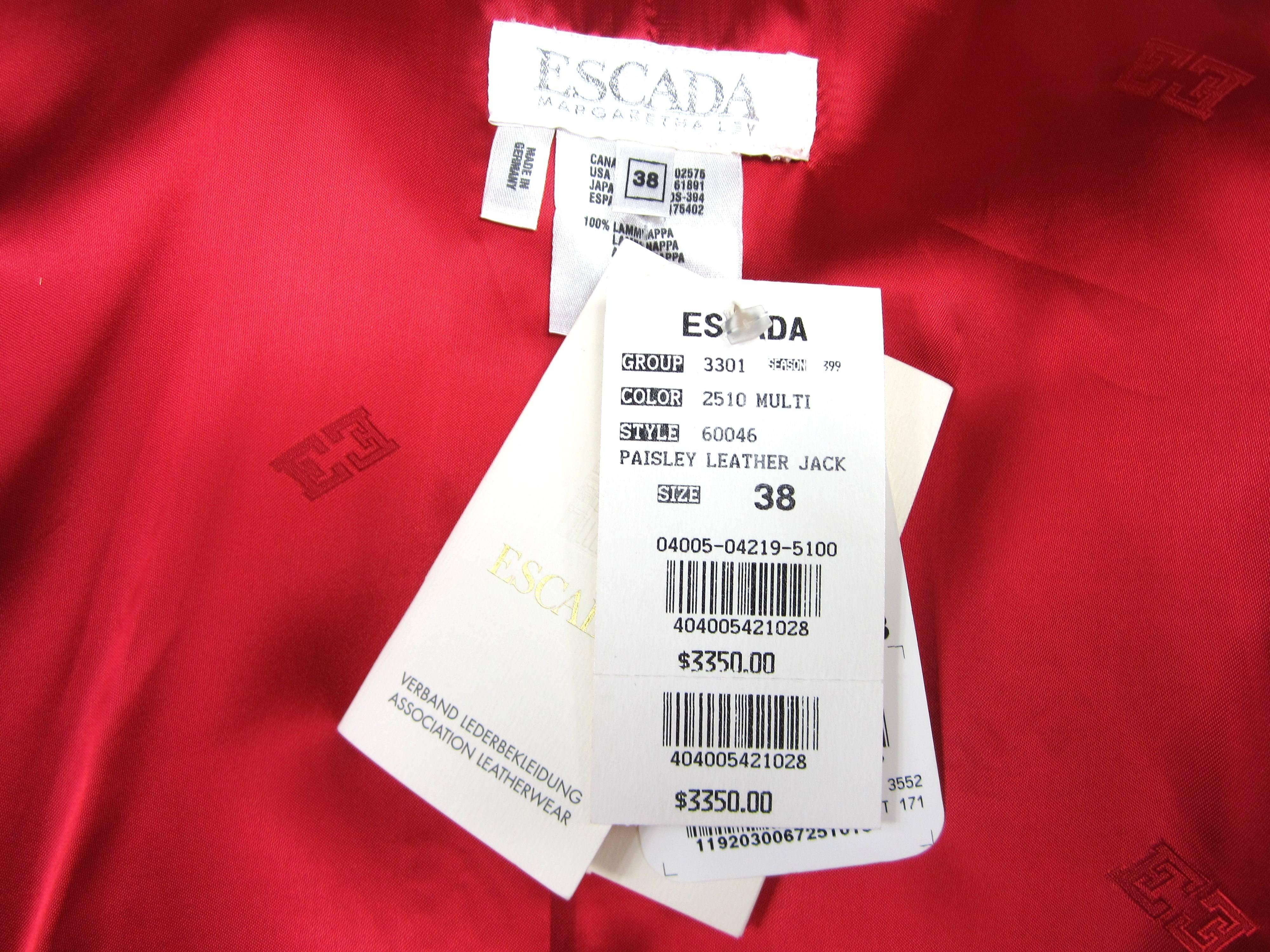 Escada Red Leather Jacket Blazer & Skirt  Paisley Embossed  New with tags For Sale 5