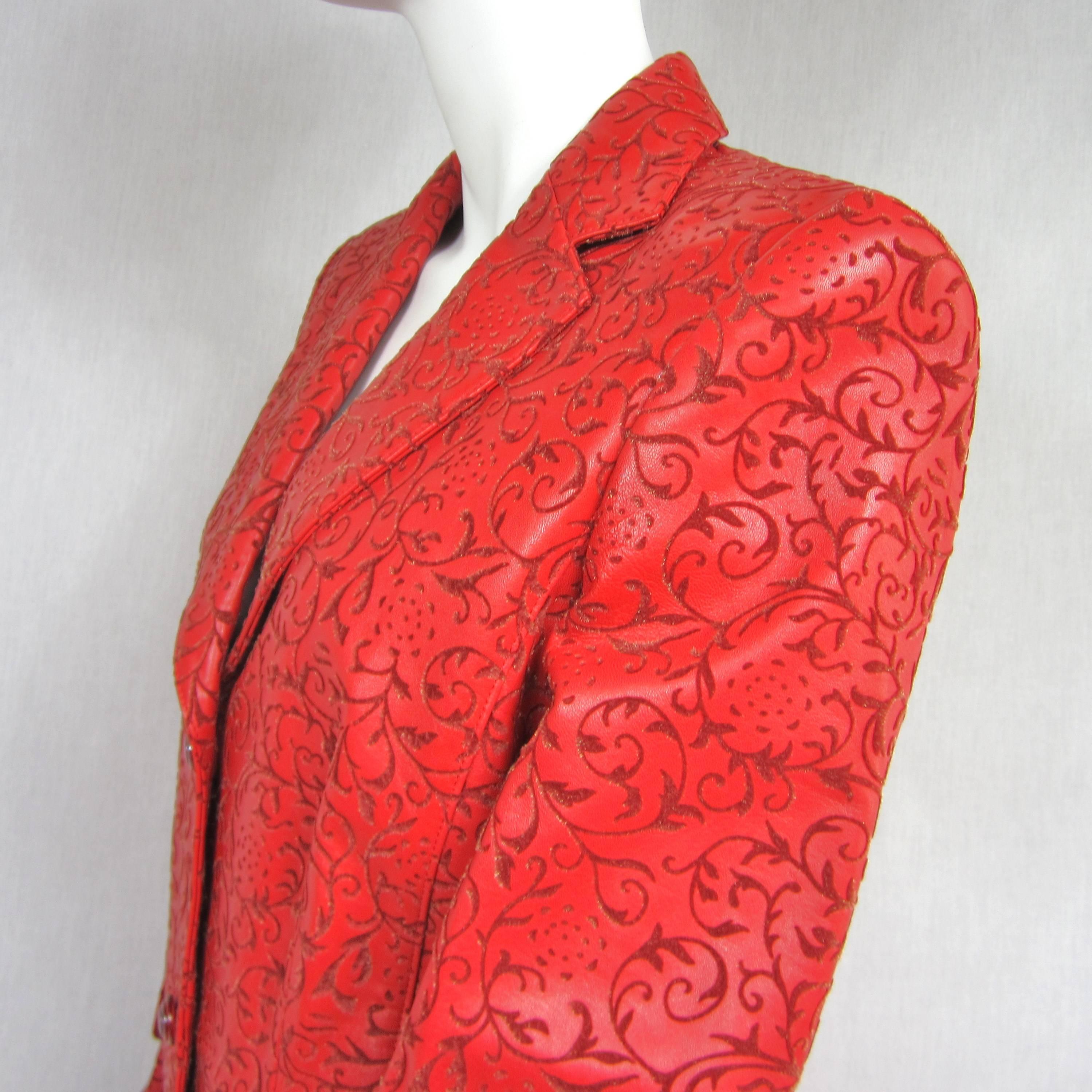 Escada Red Leather Jacket Blazer & Skirt  Paisley Embossed  New with tags In New Condition For Sale In Wallkill, NY