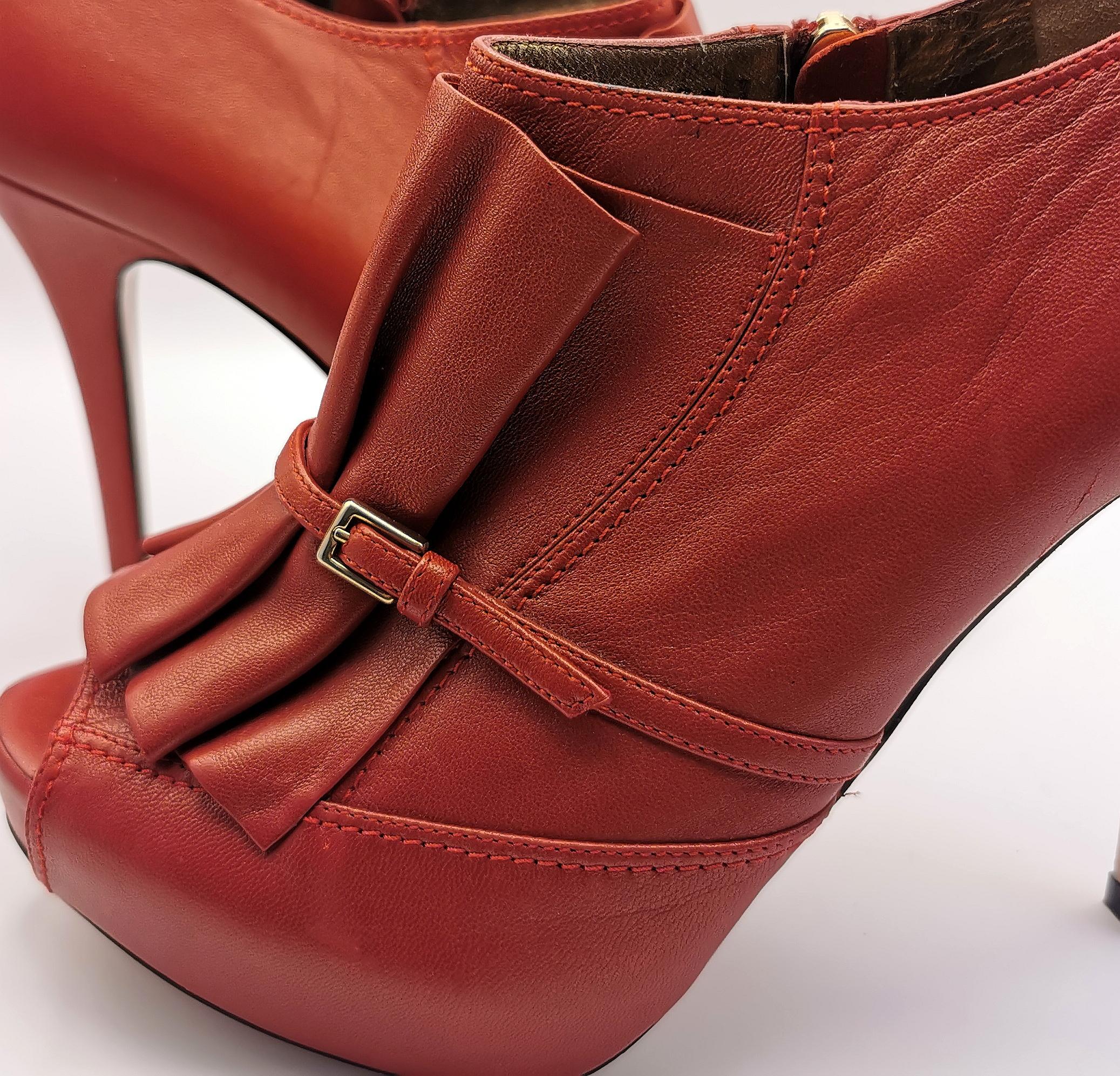 Escada Red leather pleat peep toe heels, shoes For Sale 7