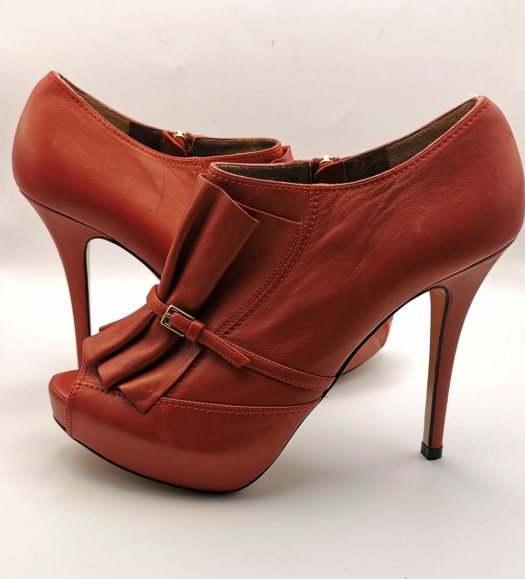 Escada Red leather pleat peep toe heels, shoes For Sale 8