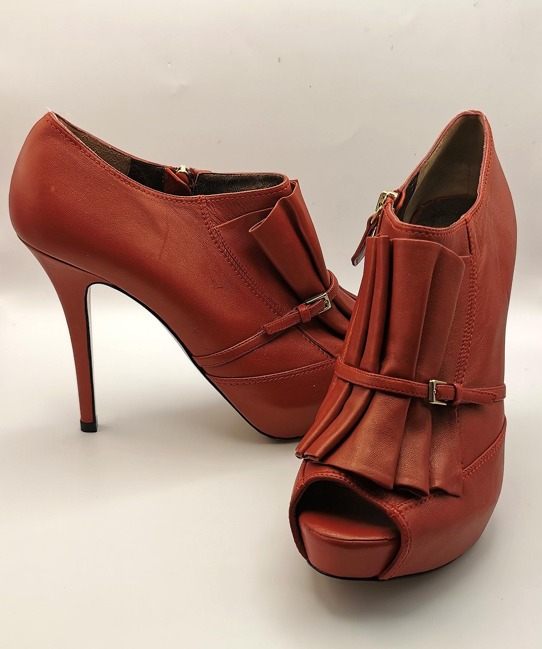 Escada Red leather pleat peep toe heels, shoes For Sale 10