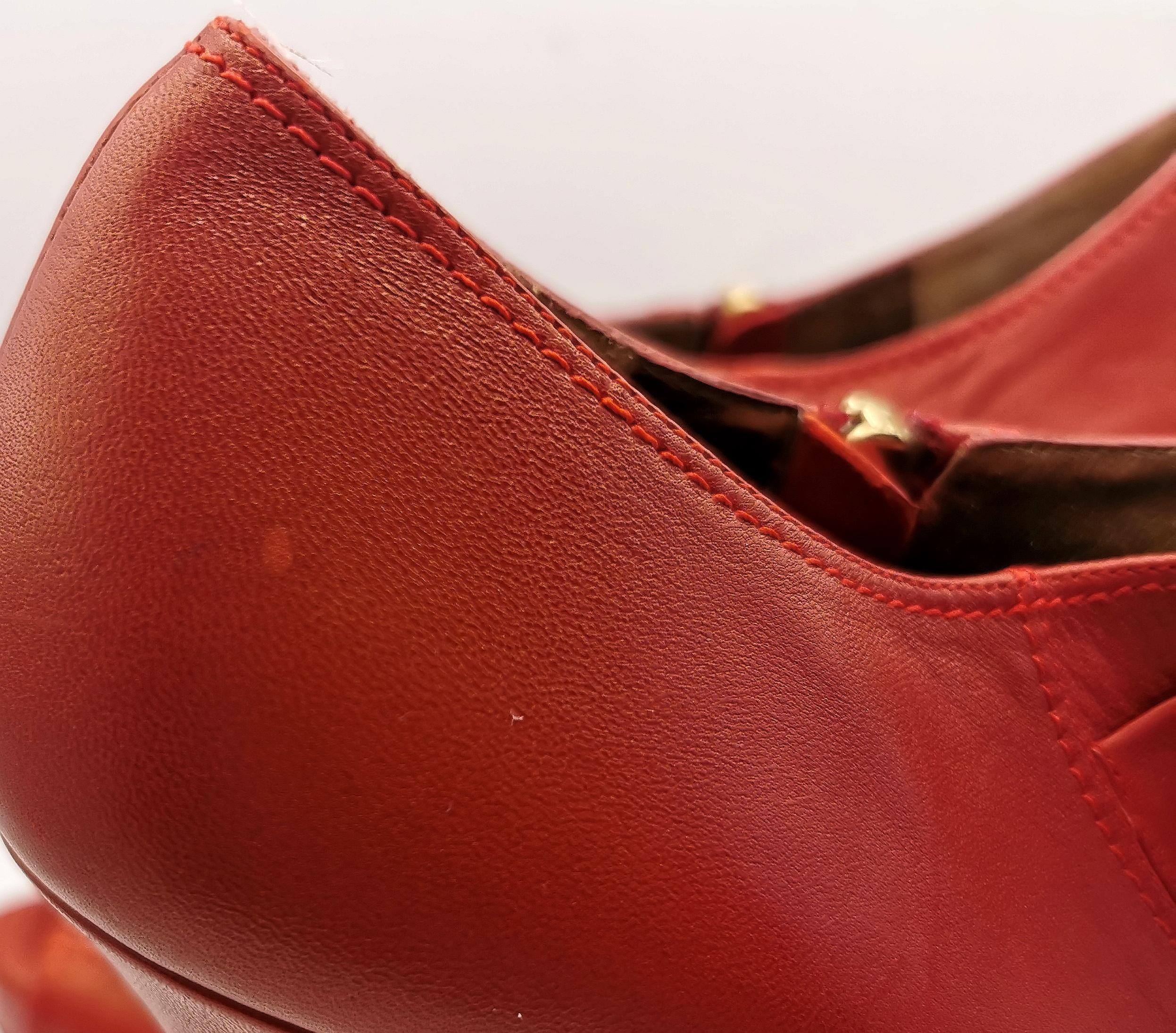 Escada Red leather pleat peep toe heels, shoes For Sale 1