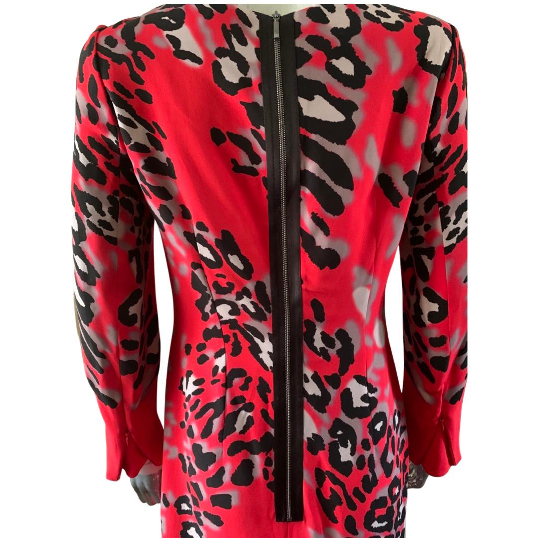Women's Escada Red Leopard Long Sleeve Chemise Dress, Size 36/6 For Sale