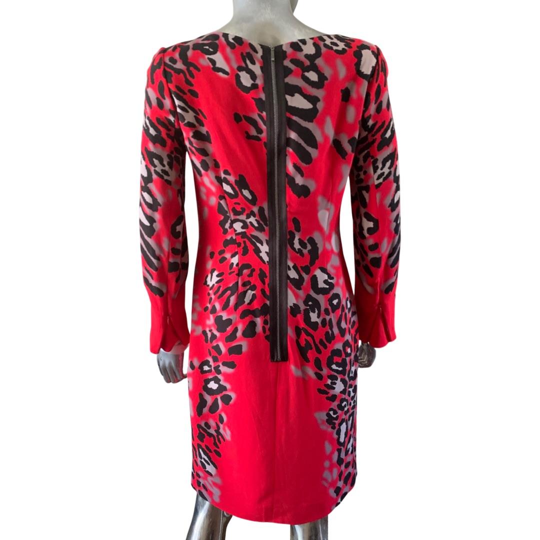 Escada Red Leopard Long Sleeve Chemise Dress, Size 36/6 For Sale 1