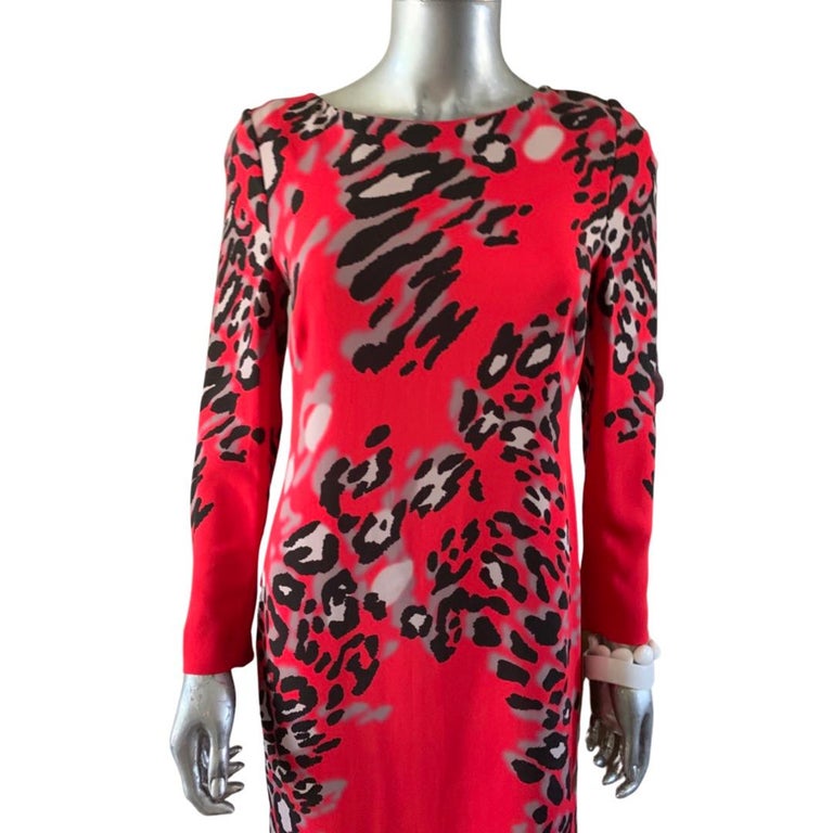 Escada Red Leopard Long Sleeve Chemise Dress, Size 36/6 For Sale at 1stDibs