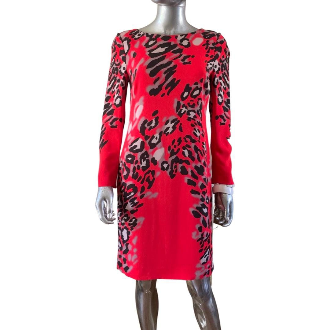 Escada Red Leopard Long Sleeve Chemise Dress, Size 36/6 For Sale 4