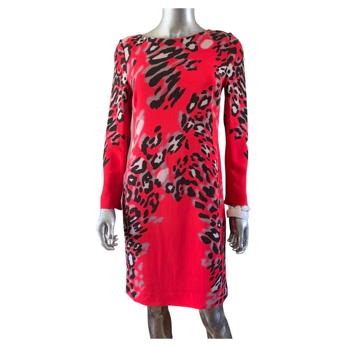 Escada Red Leopard Long Sleeve Chemise Dress, Size 36/6 For Sale