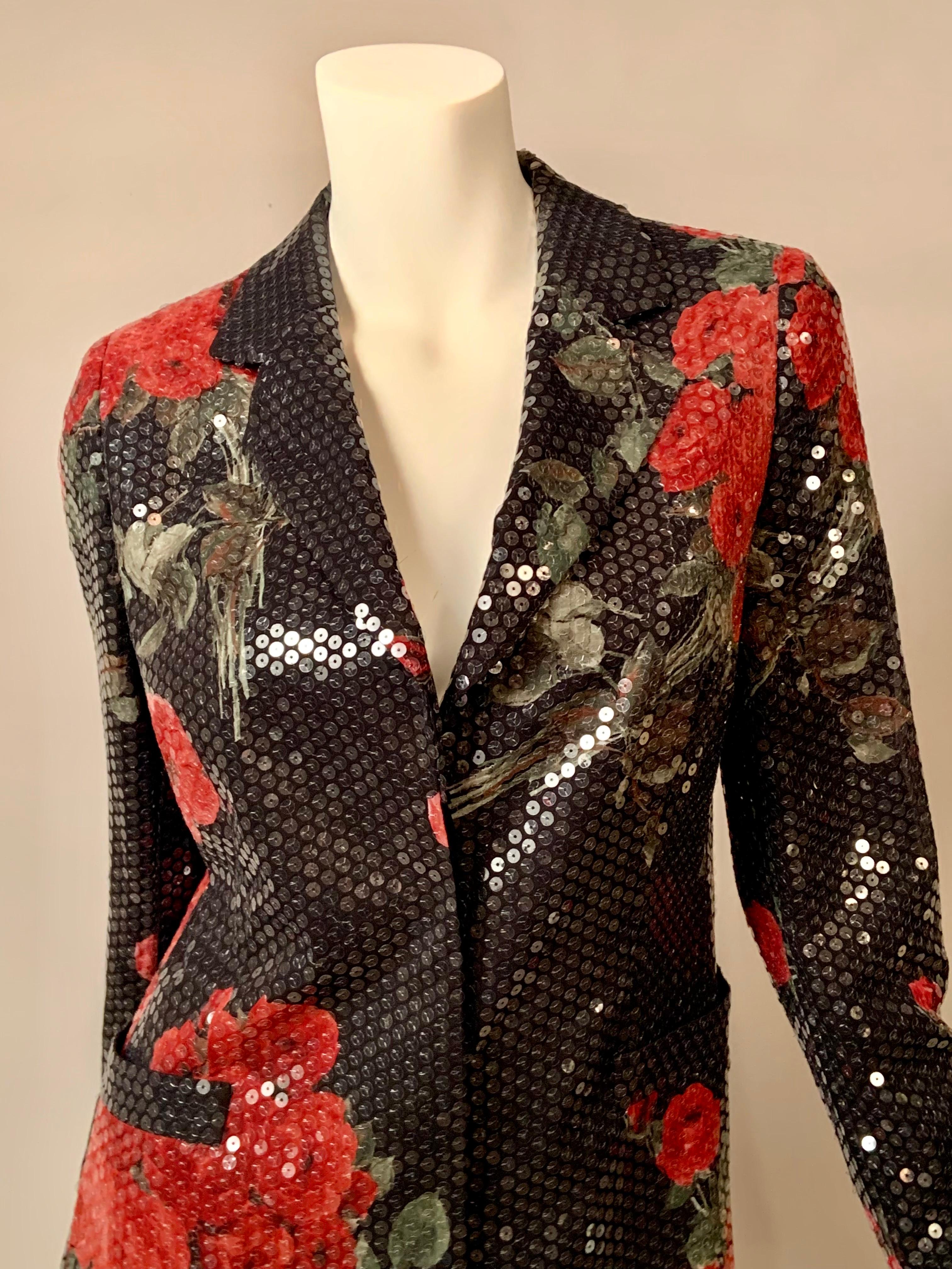 Nero Giacca Escada con stampa rosa e paillettes trasparenti in vendita