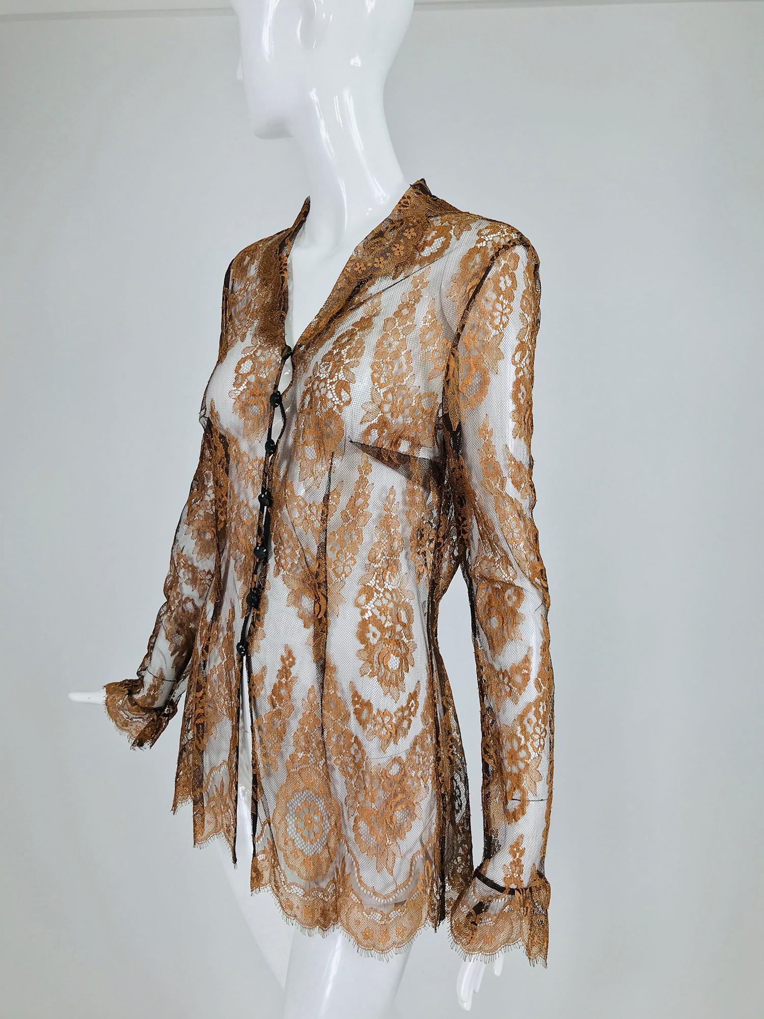 Brown Escada Russet Lace Long Sleeve Blouse