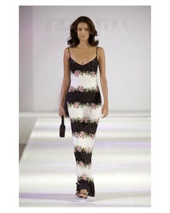 Escada S/S 2001 black ivory pink green stripe floral sequin dress silk gown 38