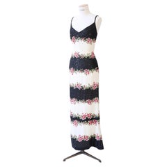 Escada S/S 2001 black ivory pink green stripe floral sequin dress silk gown 38