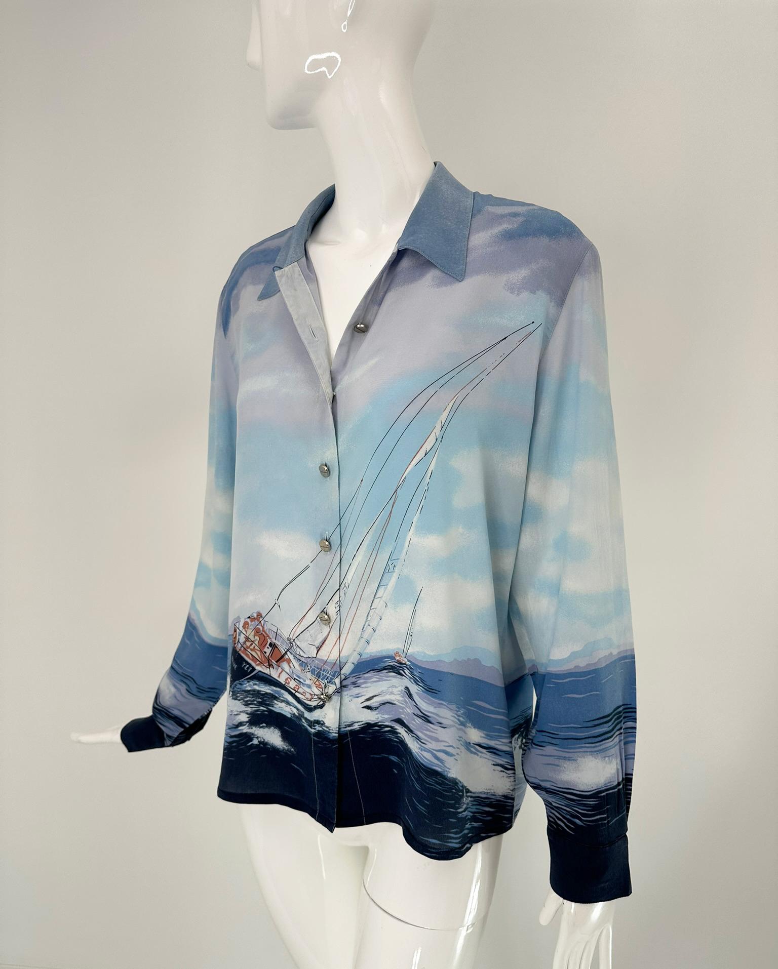 Escada Sail Boat Silk Print Long Sleeve Button Front Blouse 42 For Sale 6