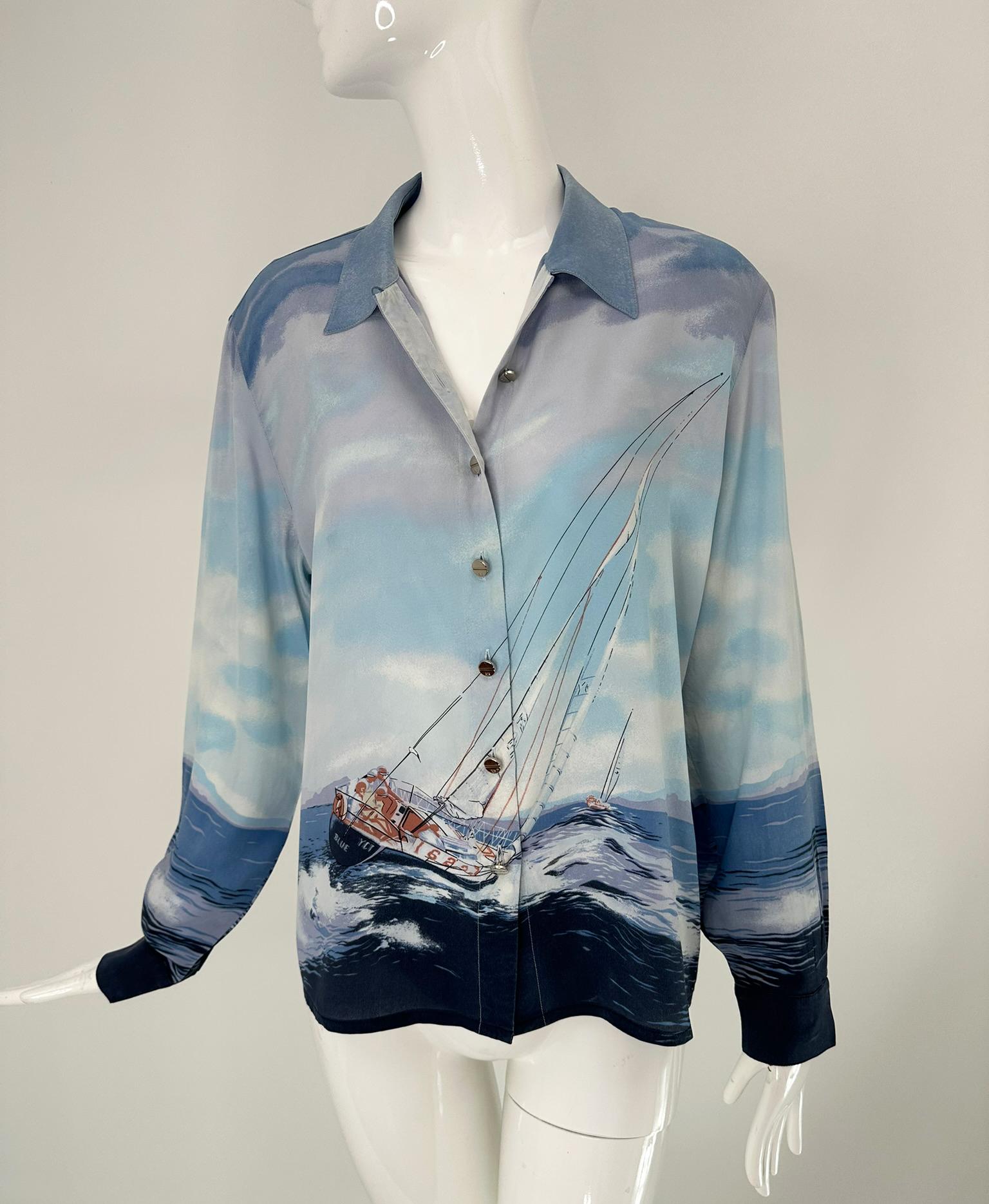 Escada Sail Boat Silk Print Long Sleeve Button Front Blouse 42 For Sale 7