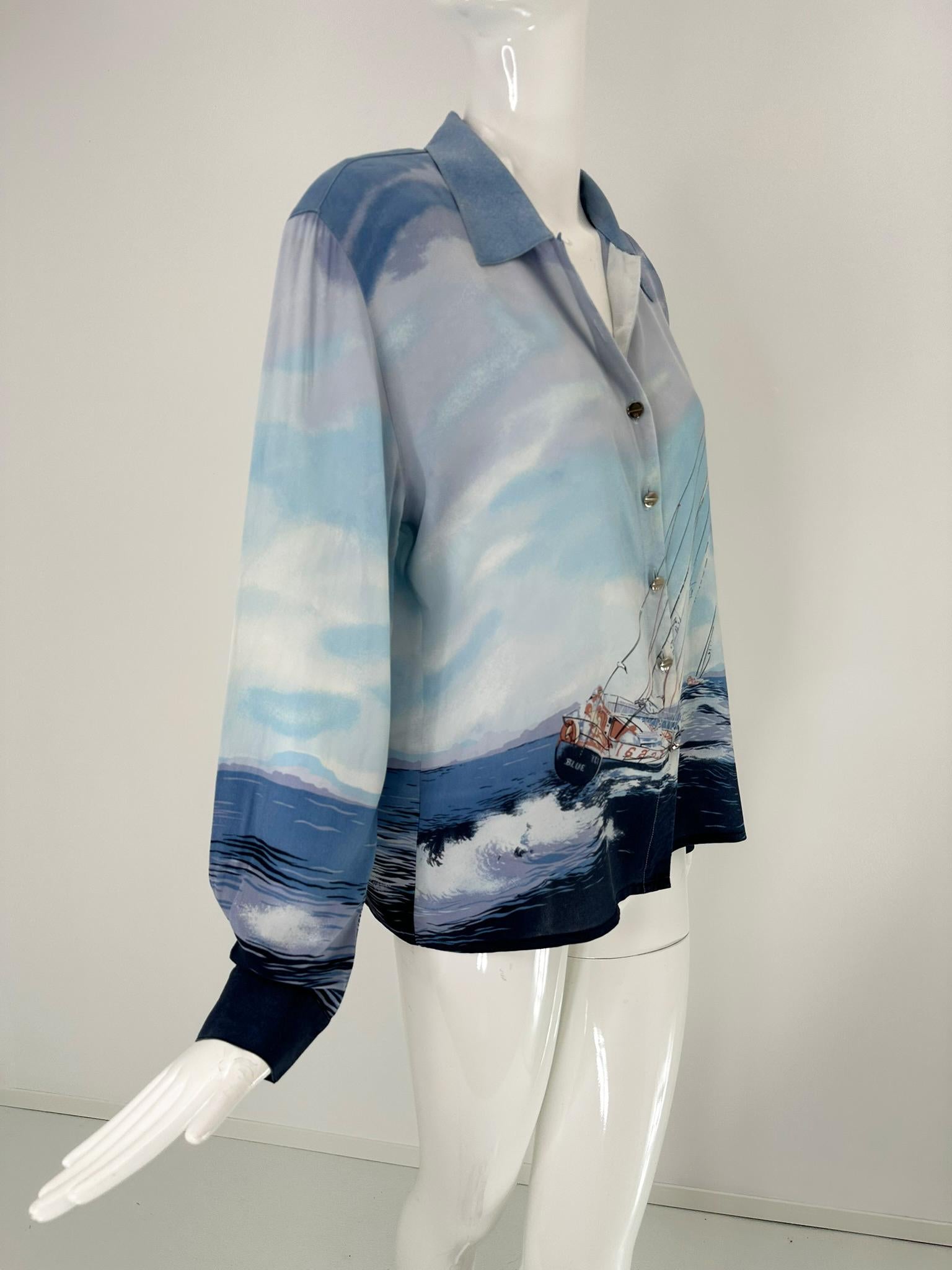 Gray Escada Sail Boat Silk Print Long Sleeve Button Front Blouse 42 For Sale