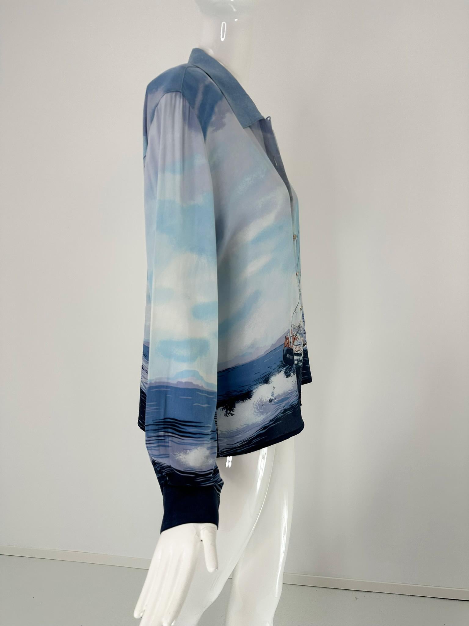 Escada Sail Boat Silk Print Long Sleeve Button Front Blouse 42 In Good Condition For Sale In West Palm Beach, FL