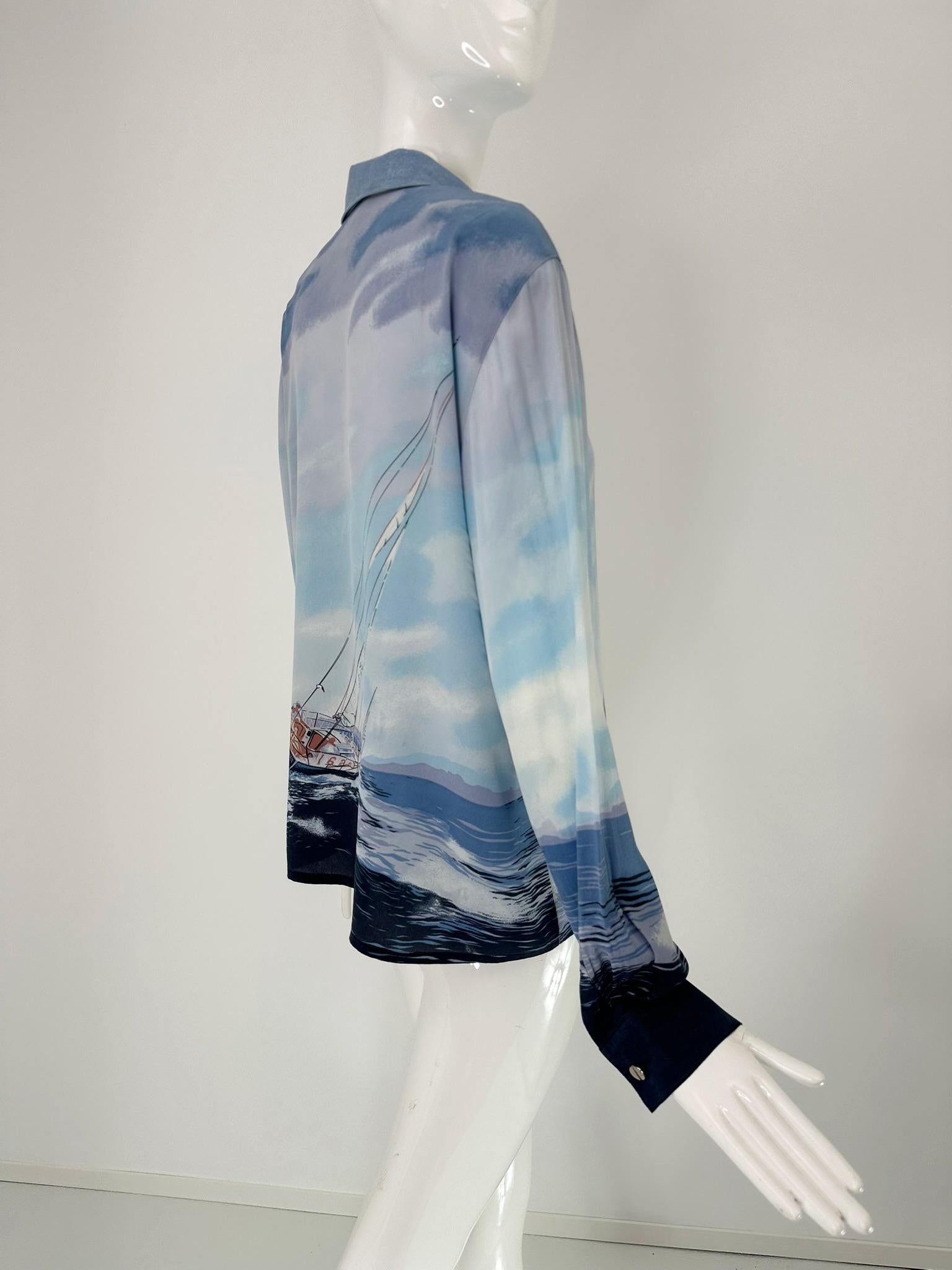 Escada Sail Boat Silk Print Long Sleeve Button Front Blouse 42 For Sale 1
