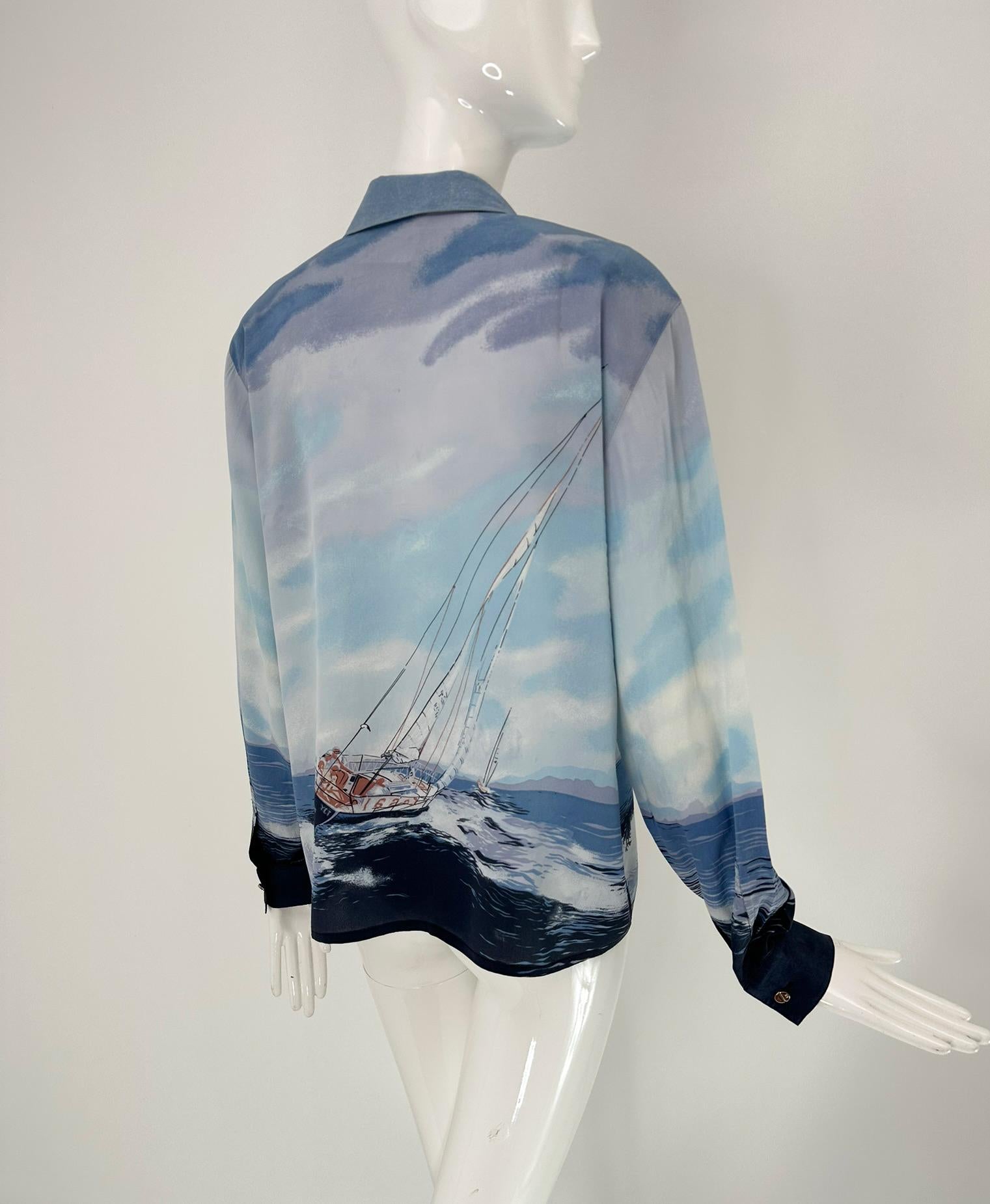 Escada Sail Boat Silk Print Long Sleeve Button Front Blouse 42 For Sale 2