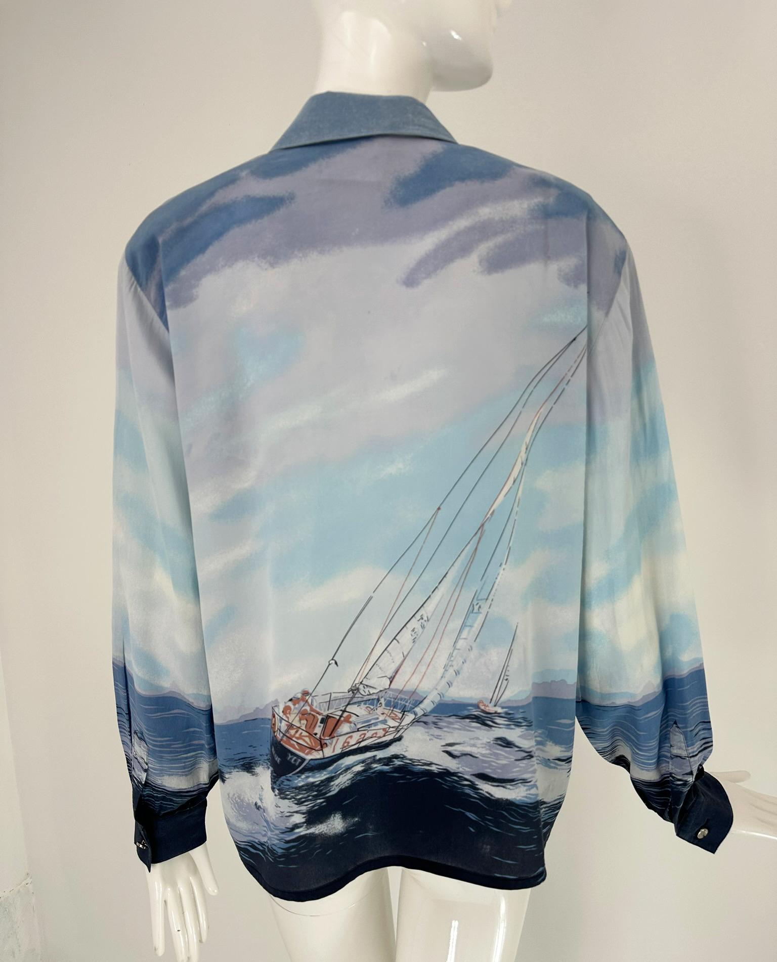 Escada Sail Boat Silk Print Long Sleeve Button Front Blouse 42 For Sale 3