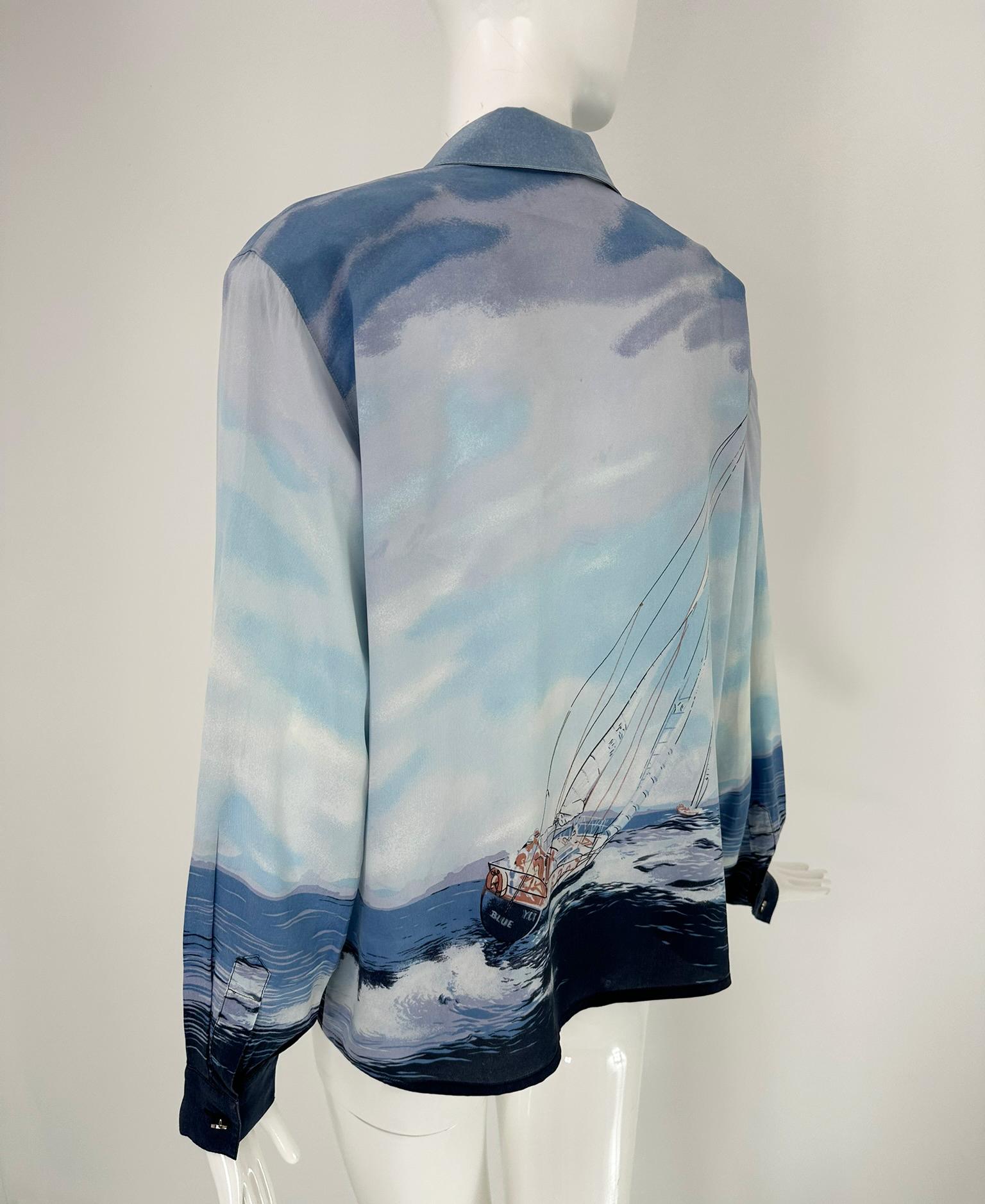 Escada Sail Boat Silk Print Long Sleeve Button Front Blouse 42 For Sale 4