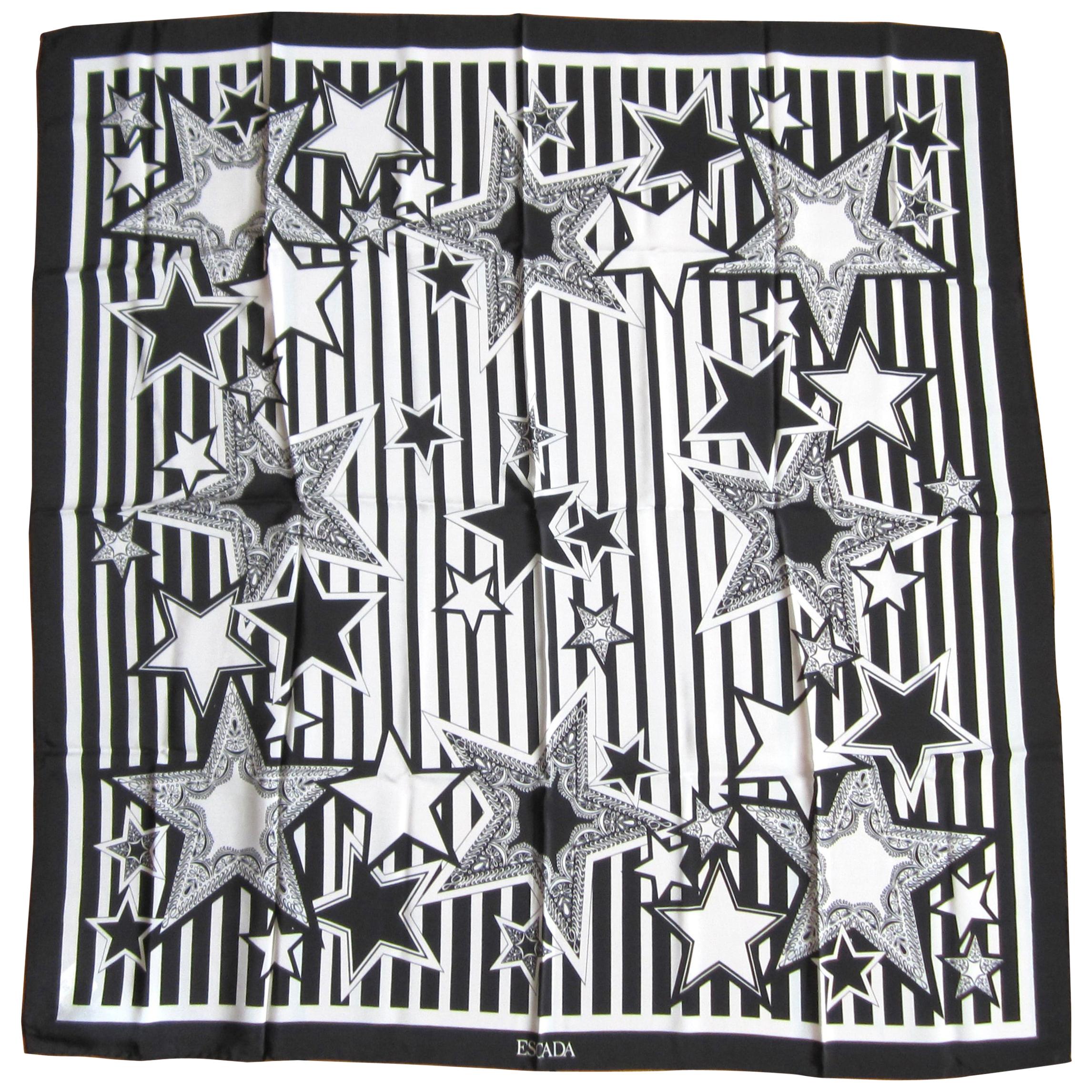  Escada Scarf Silk Black & White Stars Made in Italy, New, Never Worn, 1990s 