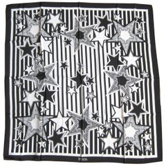  Escada Scarf Silk Black & White Stars Made in Italy, New, Never Worn, 1990s 