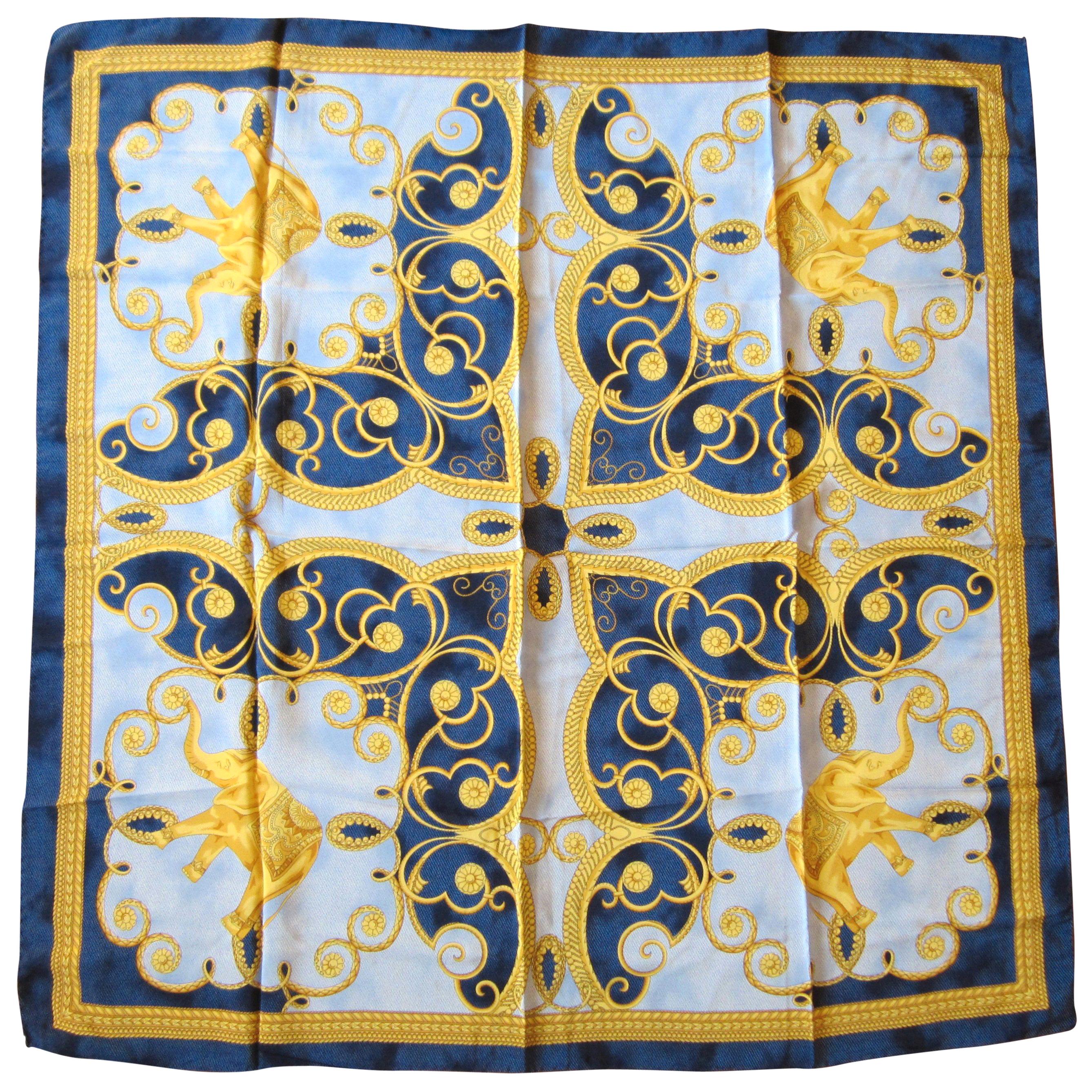  Escada Scarf Silk Blue Elephant Motif Made in Italy, New, Never Worn  For Sale