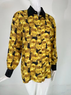 Escada Shaggy Dog Print Yellow & Black Silk Blouse 1990s  36