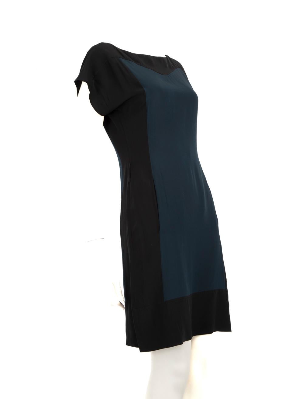 CONDITION is Very good. Hardly any visible wear to dress is evident. However, due to poor storage, the belt and composition label are missing on this used Escada designer resale item.
 
 Details
 Multicolour: Black and Navy
 Synthetic
 Dress
 Midi
