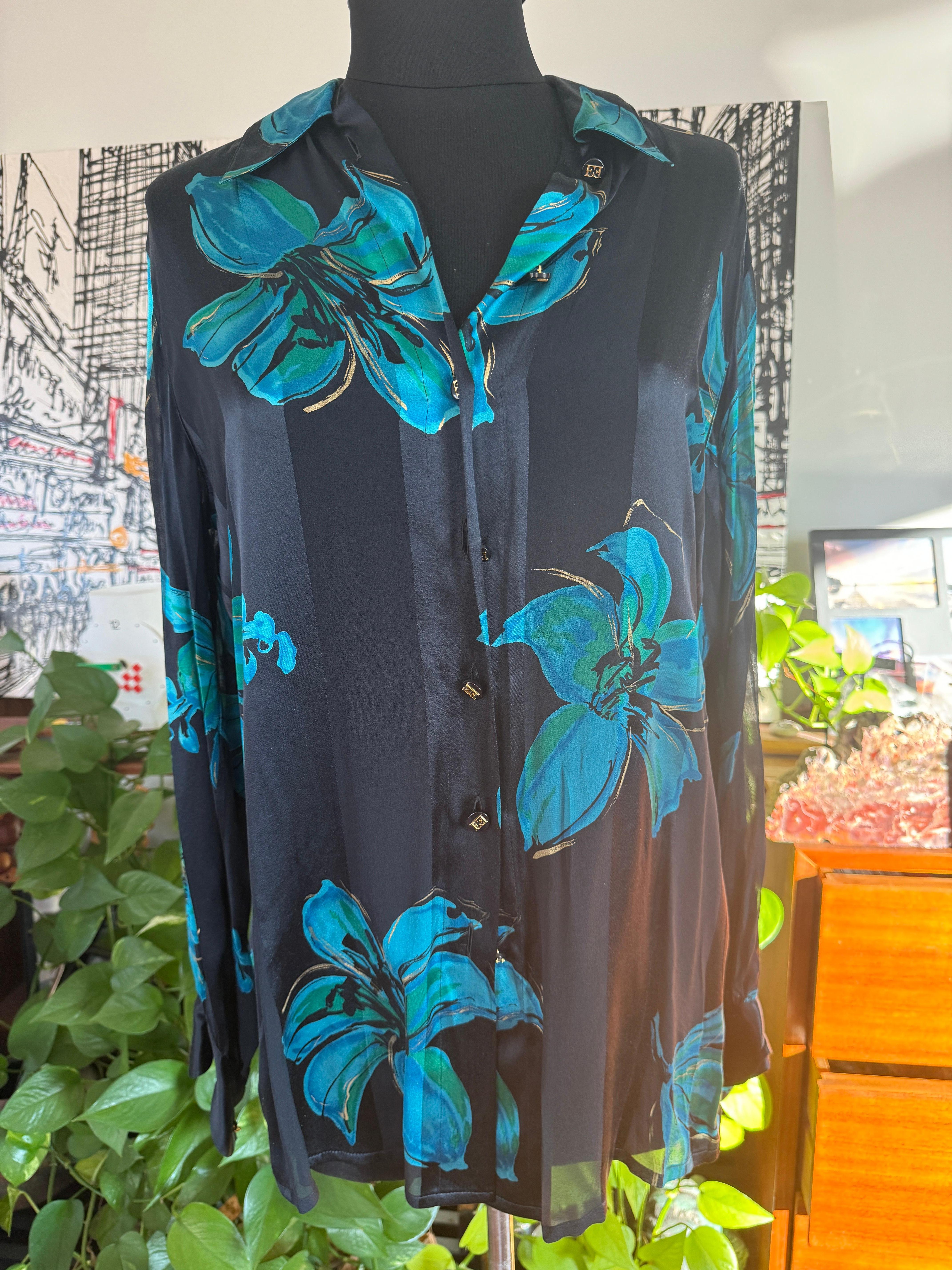 Escada Silk Black Blue Floral Button Down Blouse New, Never Worn 1990's For Sale 3