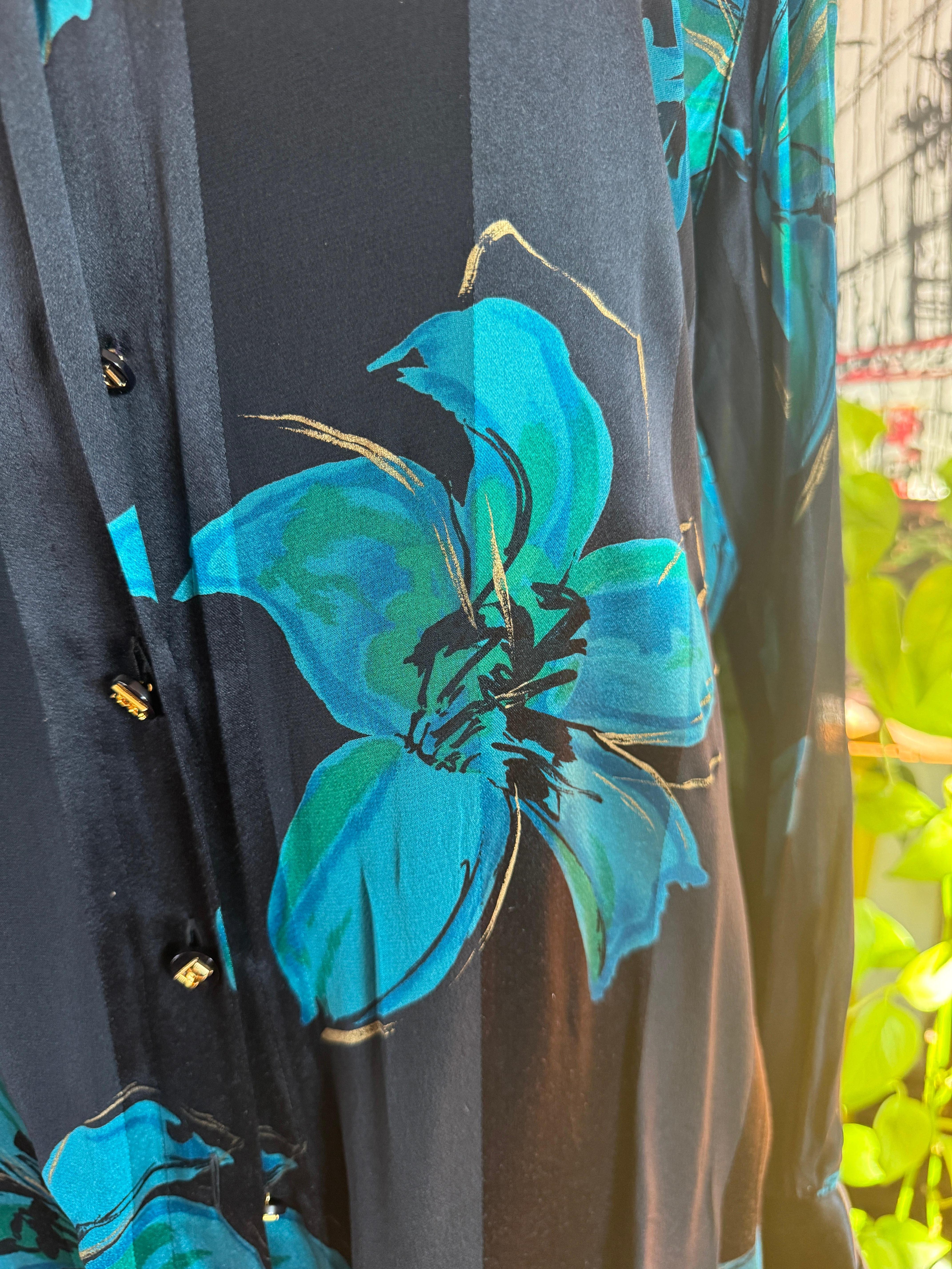 Escada Silk Black Blue Floral Button Down Blouse New, Never Worn 1990's For Sale 4
