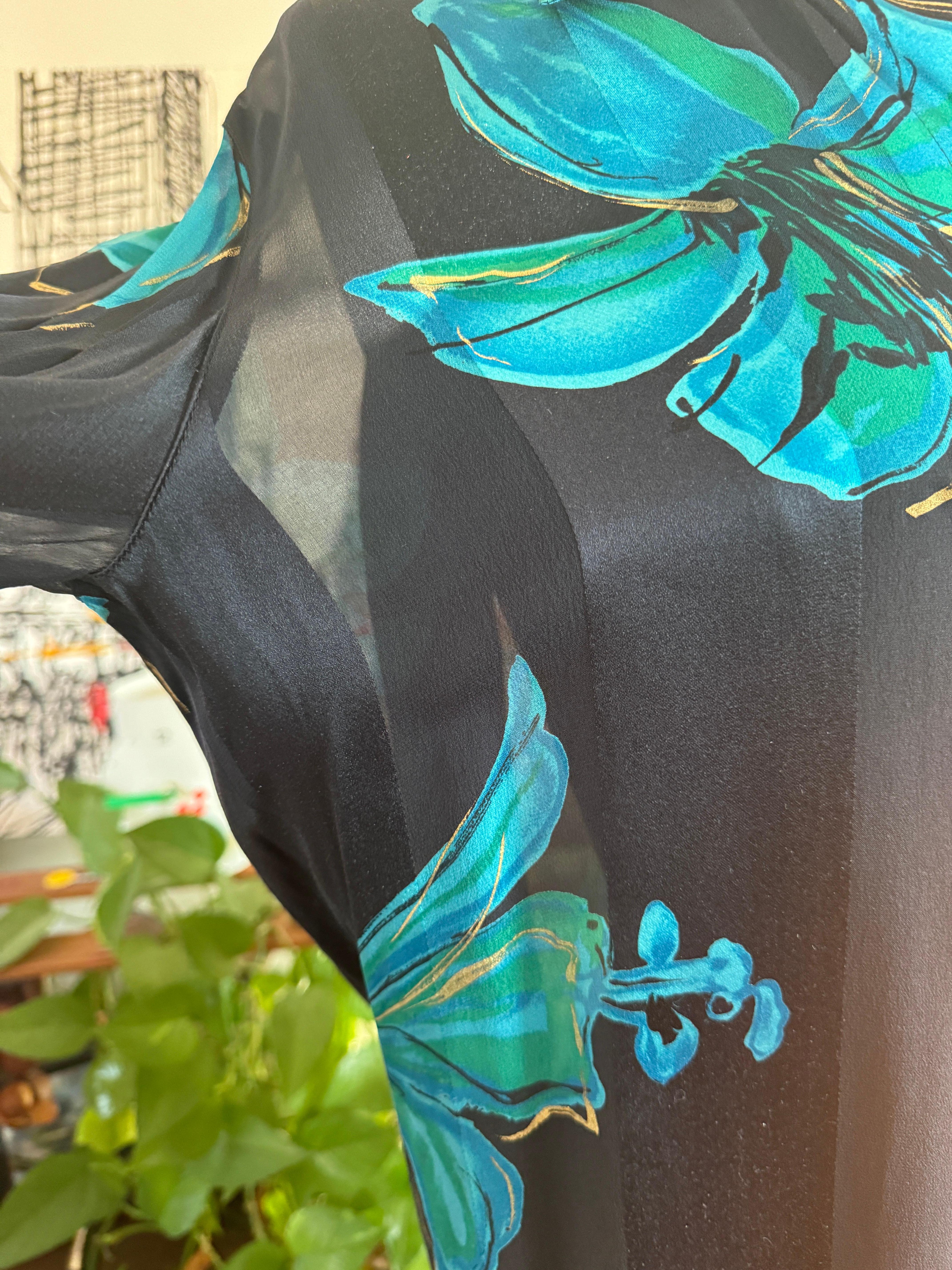 Escada Silk Black Blue Floral Button Down Blouse New, Never Worn 1990's For Sale 5