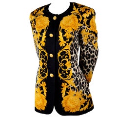 Vintage Escada Silk Blazer in Black & Gold Baroque Lion Animal Print by Margaretha Ley