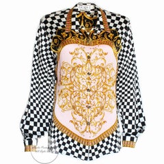 Escada Silk Blouse Abstract Baroque and Checkerboard Motif Bishop Sleeves Sz 36