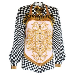Vintage Escada Silk Blouse Abstract Baroque and Checkerboard Motif Bishop Sleeves Sz 36