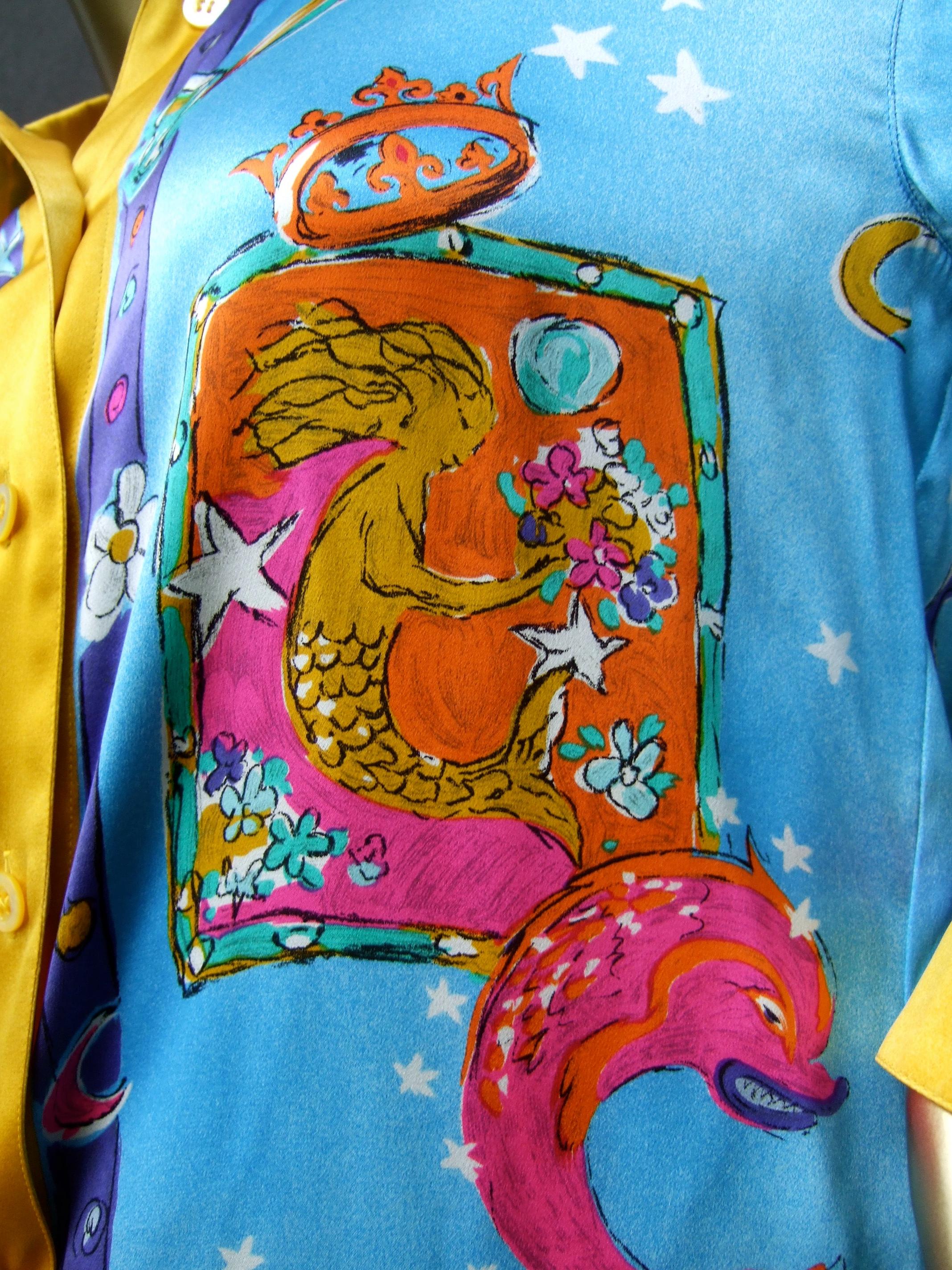 Escada Silk Charmeuse Astrological Zodiac Print Blouse New-Vintage c 1990s 3