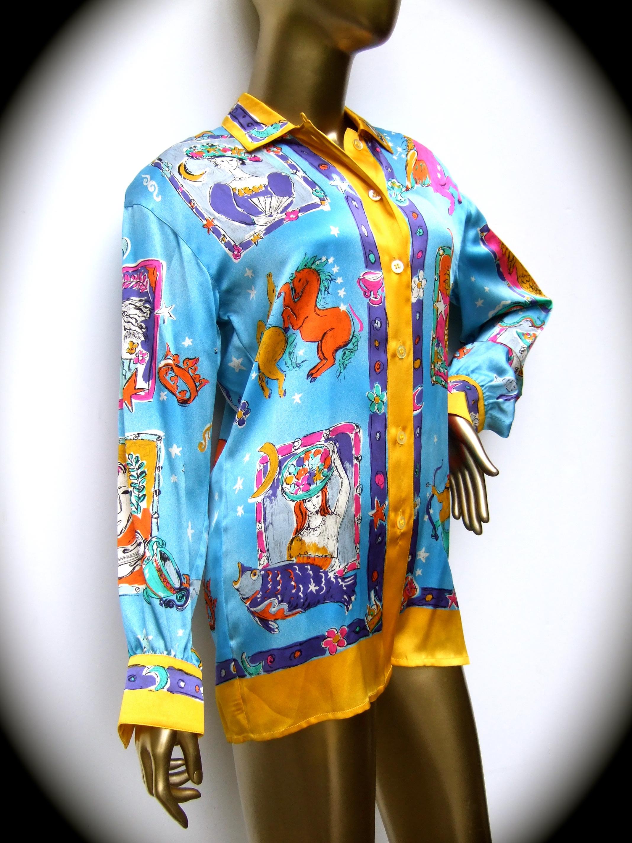 Escada Silk Charmeuse Astrological Zodiac Print Blouse New-Vintage c 1990s 9