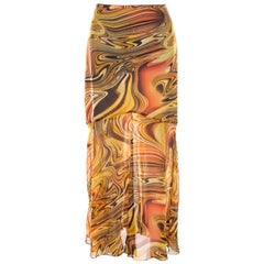 Escada Silk Chiffon Yellow Abstract Print Sheer Hem Skirt M