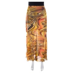 Escada Silk Chiffon Yellow Abstract Print Sheer Hem Skirt M