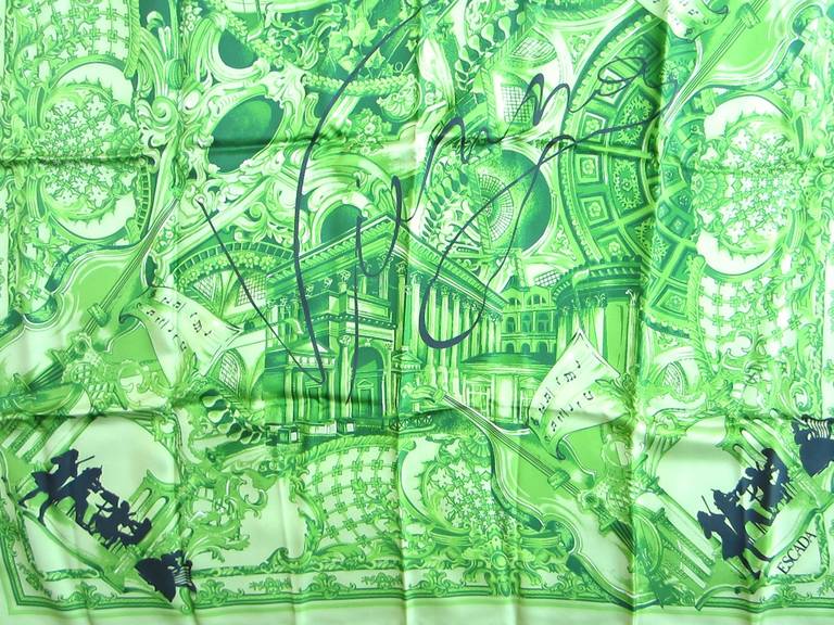 This is from a Vast Collection of Scarves that have never been worn. Featuring a Music notes in a vibrant Green with black accents. Made in Italy. Hand Rolled Silk. 34in. x 34in. This is out of a massive collection of Contemporary designer clothing